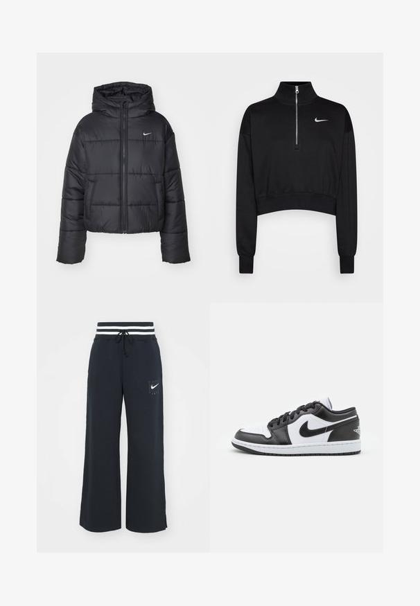 Sort pufferjakke lavet af nylon, med lynlåslukning foran, hætte og to forlommer. Designet inkluderer syede sektioner og et lille logo.; Sort cropped sweatshirt med høje krave, halv lynlås, ribbede manchetter og et lille hvidt Nike-logo på venstre bryst. Blød stoftekstur.; Mørkeblå svedbuks med bred ben_design, der har et stribet elastisk liv og et hvidt Nike-logo foran.; Sorte og hvide Nike lavtoppede sneakers har en glat læderoverdel, rund tå, snørelukning og en mønstret gummisål.