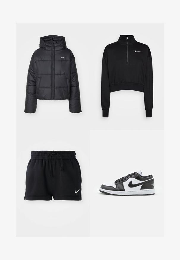 Černá péřová bunda vyrobená z nylonu, s předním zipem, kapucí a dvěma předními kapsami. Design zahrnuje prošívané části a malé logo.; Černá zkrácená mikina s vysokým límcem, polovičním zipem, žebrovanými rukávy a malým bílým logem Nike na levé hrudi. Měkký textilní povrch.; Černé sportovní šortky z měkké látky, s elastickým pasem na šňůrku, bočními rozparky a malým bílým logem na lemu.; Černobílé nízké tenisky Nike mají hladký kožený svršek, kulatou špičku, šněrování a vzorovanou gumovou podrážku.