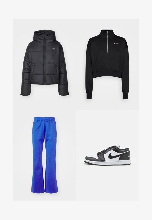 Μαύρο μπουφάν τύπου πούφφας από νάιλον, με φερμουάρ μπροστά, κουκούλα και δύο μπροστινές τσέπες. Ο σχεδιασμός περιλαμβάνει ραμμένα τμήματα και ένα μικρό λογότυπο.; Μαύρος κοντός φούτερ με ψηλό γιακά, μισό φερμουάρ, ραβδωτές μανσέτες και μικρό λευκό λογότυπο Nike στο αριστερό στήθος. Μαλακή υφή υφάσματος.; Φαρδιά αθλητικά παντελόνια σε φωτεινό μπλε, με ελαστική μέση, δύο πλαϊνές τσέπες και ένα μικρό λευκό λογότυπο στο μπροστινό μέρος.; Μαύρα και λευκά Nike παπούτσια χαμηλού τύπου διαθέτουν λείο δέρμα στο επάνω μέρος, στρογγυλή μύτη, κλείσιμο με κορδόνια και υφασμένο καουτσούκ στο πέλμα.