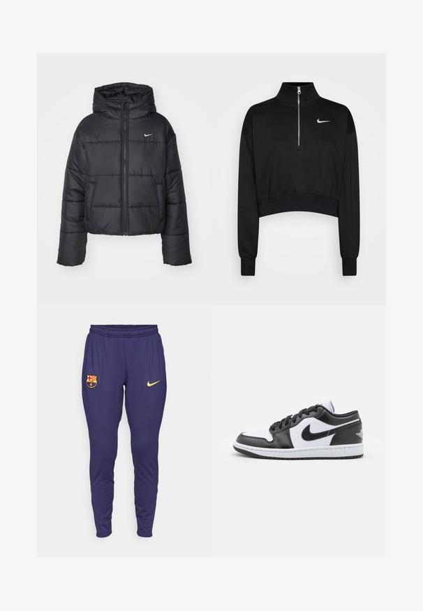 Fekete pehelydzseki, amely nejlonból készült, elöl cipzárral, kapucnival és két elülső zsebbel rendelkezik. A dizájnja varrott részeket és egy kis logót tartalmaz.; Fekete, rövidített pulóver magas gallérral, fél cipzárral, bordázott mandzsettákkal és egy kis fehér Nike logóval a bal mellen. Puha szövet textúra.; Tengerészi sportnadrág, rugalmas derékkal, sárga Nike logóval és színes FC Barcelona címerrel a bal combon.; Fekete-fehér Nike alacsony szárú sportcipők sima bőrből készültek, kerek orrúak, fűzős záródásúak, és mintás gumitalppal rendelkeznek.