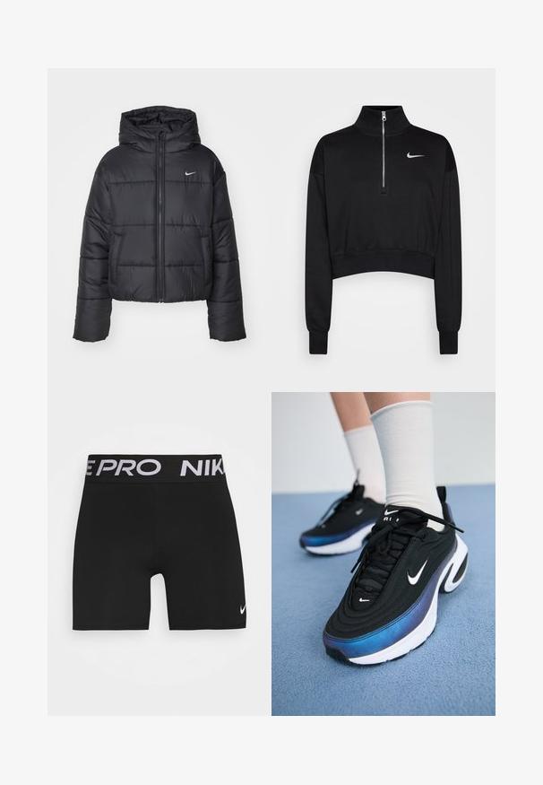 Melnā pūkainā jaka, kas izgatavota no neilona, ar rāvējslēdzēja priekšpusi, kapuci un divām priekšējām kabatām. Dizainā ietilpst šuvju sekcijas un mazs logotips.; Melnā īsā svītra ar augstu apkakli, puszipsa aizdare, rievojumu aproces un neliels balts Nike logotips kreisajā krūtī. Mīksta auduma tekstūra.; Melni sporta šorti ar platām melnām jostas vietām, uz kurām redzams uzraksts "NIKE PRO" baltām burtiem. Iekļauts neliels balts Nike Swoosh logotips uz kājas.; Melnie Nike sporta apavi ar gludu auduma virsmu, argradienta zilu uz melnu dizainu, balta zole un izteiksmīgi logotipa akcenti.