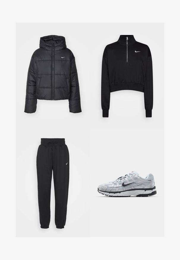 Casaco puffer preto feito de nylon, com fecho éclair à frente, capuz e dois bolsos frontais. O design inclui secções cosidas e um pequeno logo.; Sweatshirt preto cortado com colarinho alto, fecho de meia-zíper, punhos com nervuras e um pequeno logótipo branco da Nike no lado esquerdo do peito. Tecido de textura suave.; Calças de jogging pretas feitas de uma mistura suave de algodão, com uma cintura elástica com cordão e punhos elásticos. Logotipo da Nike na coxa esquerda.; Ténis Nike P-6000 com um cabedal em malha cinza claro, detalhes em preto e uma sola de borracha preta durável. Apresenta um design intrincado e um sistema de atacadores.