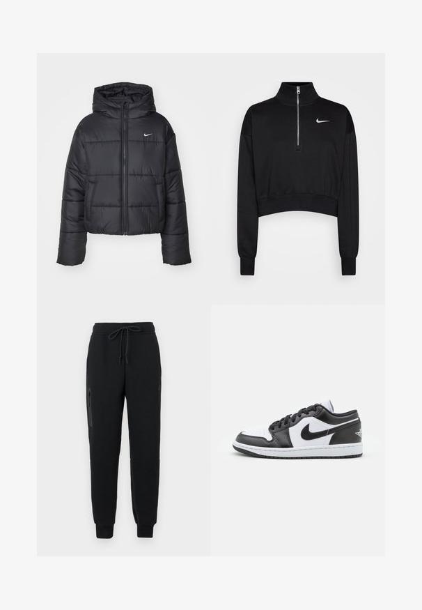 Čierna prešívaná bunda vyrobená z nylonu, s predným zipsom, kapucňou a dvoma prednými vreckami. Dizajn obsahuje prešité časti a malé logo.; Čierny skrátený sveter s vysokým golierom, polovičným zipsom, rebrovanými manžetami a malým bielym logom Nike na ľavej hrudi. Mäkká textúra látky.; Čierne tepláky s pásom na šnúrku, bočnou vreckom so zipsom a zúženými manžetami. Vyrobené z mäkkej, textúrovanej látky.; Čierno-biele nízke tenisky Nike majú hladký kožený zvršok, okrúlu špičku, šnurovacie zapínanie a vzorovanú gumovú podrážku.
