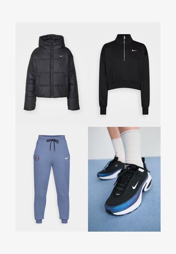 Sort pufferjakke lavet af nylon, med lynlåslukning foran, hætte og to forlommer. Designet inkluderer syede sektioner og et lille logo.; Sort cropped sweatshirt med høje krave, halv lynlås, ribbede manchetter og et lille hvidt Nike-logo på venstre bryst. Blød stoftekstur.; Blå bomuldsblandede joggers med elastisk talje, sort snor, sidelommer, ribbede manchetter, med et Paris-logo og Nike-swoosh.; Sorte Nike sneakers med en glat stofoverdel, der har et gradientblåt til sort design, hvid sål og markante logo detaljer.
