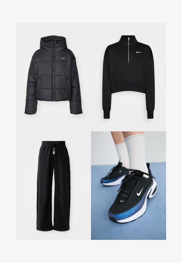 Juodas pūkinis švarkas, pagamintas iš nailono, su užtrauktuku šone, gobtuvu ir dviem priekiniais kišenėmis. Dizainas apima siūtas dalis ir mažą logotipą.; Juoda trumpa pūkinė palaidinė su aukšta apykakle, pusiau užtrauktuku, gumuotais rankogaliais ir mažu baltu Nike logotipu kairiajame krūtinės šone. Minkšta audinio tekstūra.; Juodos sportinės kelnės, pagamintos iš minkštos medžiagos, su raišteliu juosmens srityje ir laisvu siluetu. Be raštų. Paprastas dizainas su atlenktais galais ir šoninėmis kišenėmis.; Juodi Nike sportbačiai su glotna audinio viršutine dalimi, turintys gradientinį mėlynos ir juodos spalvos dizainą, baltą pado dalį ir akcentuotus logotipus.