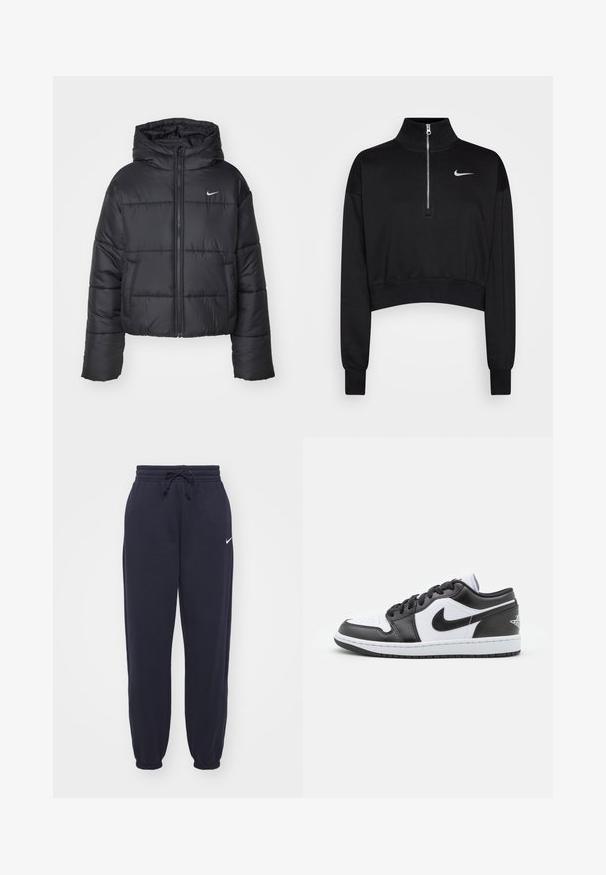 Juodas pūkinis švarkas, pagamintas iš nailono, su užtrauktuku šone, gobtuvu ir dviem priekiniais kišenėmis. Dizainas apima siūtas dalis ir mažą logotipą.; Juoda trumpa pūkinė palaidinė su aukšta apykakle, pusiau užtrauktuku, gumuotais rankogaliais ir mažu baltu Nike logotipu kairiajame krūtinės šone. Minkšta audinio tekstūra.; Nike krūtinės kelnės tamsiai mėlynos spalvos, pagamintos iš minkštos medžiagos. Turi elastinę juostą su raišteliu ir susiaurintas kulkšnis. Mažas baltas logo akcentas.; Juodos ir baltos Nike žemos sneaker'iai turi lygią odos viršūnę, apvalų pirštą, raištelių uždarymą ir raštuotą gumos pado apačią.