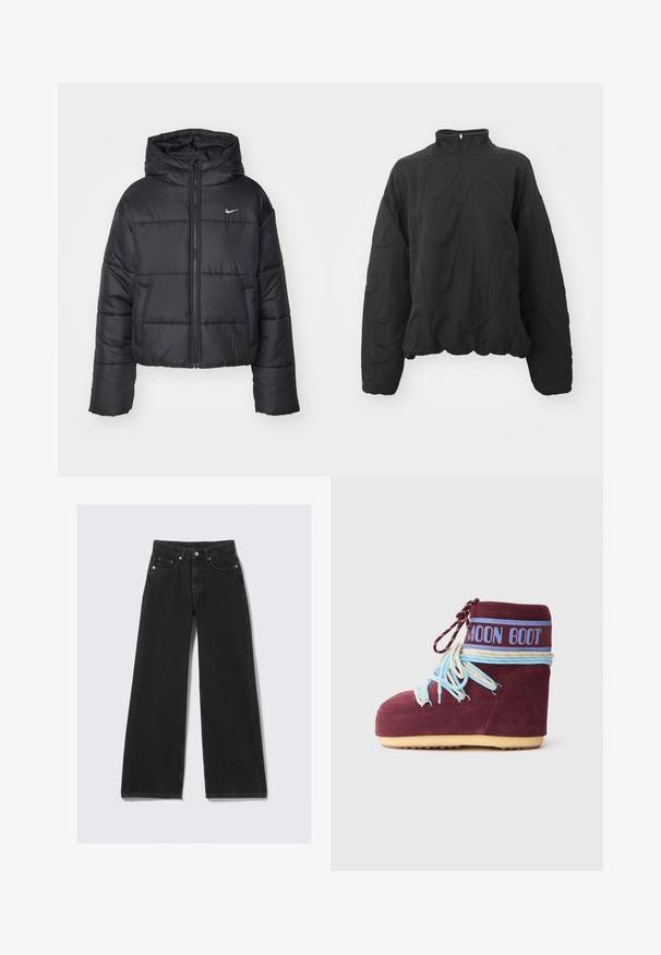 Zwarte pufferjack van nylon, met een rits aan de voorkant, een capuchon en twee vo pockets. Het ontwerp heeft gestikte secties en een klein logo.; Nike Sportswear COZY LOGO - Sweater - black; Wijdvallende zwarte denim jeans met een aansluitende taille, stevige stof, zijzakken en details in goudkleurige hardware.; Bordeaux fluwelen Moon Boot met lichtblauwe en crèmekleurige veters die om de enkel zijn gewikkeld, blauwe logo-band en beige zool op een witte achtergrond.