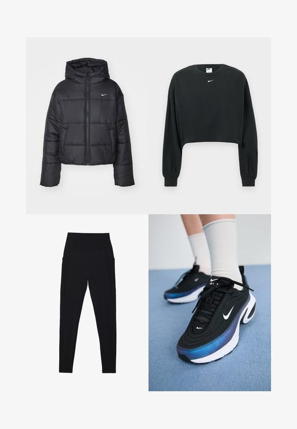 Svart puffjacka i nylon, med dragkedja fram, huva och två framfickor. Designen inkluderar stickade sektioner och en liten logotyp.; Svart kort sweatshirt i bomullsblandning, med långa ärmar, ribbade muddar och en liten vit Nike-logga på bröstet.; Svarta leggings med hög, ribbad midjeresår, sömlös design, sidofickor och en jämn textur över hela plagget.; Svarta Nike-sneakers med ett mjukt tygövre, som har en gradientdesign från blått till svart, vit sula och framträdande logotypaccenter.