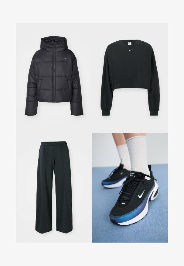 Juodas pūkinis švarkas, pagamintas iš nailono, su užtrauktuku šone, gobtuvu ir dviem priekiniais kišenėmis. Dizainas apima siūtas dalis ir mažą logotipą.; Juodas trumpintas džemperis iš medvilnės mišinio, su ilgomis rankovėmis, ribotais rankogaliais ir mažu baltu „Nike“ logotipu ant krūtinės.; Juodos, plačios sportinės kelnės su elastingu juosmeniu. Pagamintos iš lygaus, tampraus audinio, su subtiliomis priekinėmis siūlėmis ir be kišenių.; Juodi Nike sportbačiai su glotna audinio viršutine dalimi, turintys gradientinį mėlynos ir juodos spalvos dizainą, baltą pado dalį ir akcentuotus logotipus.