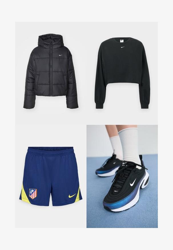 Veste matelassée noire en nylon, avec fermeture éclair sur le devant, capuche et deux poches avant. Le design comprend des sections cousues et un petit logo.; Sweat-shirt court noir en mélange de coton, avec manches longues, poignets côtelés et un petit logo Nike blanc sur la poitrine.; Shorts de sport bleu marine avec des accents jaunes, dotés d'une taille élastique et d'inserts latéraux. Logo du club brodé sur la cuisse gauche.; Baskets Nike noires avec un dessus en tissu lisse, présentant un design dégradé allant du bleu au noir, une semelle blanche et des accents de logo bien visibles.