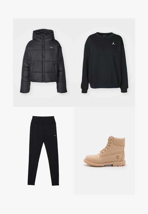 Jachetă puffer neagră din nailon, cu fermoar în față, glugă și două buzunare frontale. Designul include secțiuni cusute și un mic logo.; Hanorac negru din bumbac, cu guler rotund, mâneci lungi, manșete și tiv cu nervuri, având un logo Jumpman alb pe piept.; Colanți negri cu talie înaltă, confecționați dintr-un material elastic. Prezintă cusături subtile și un logo mic lângă talie.; Timberland PREMIUM - Botine cu șireturi - light beige