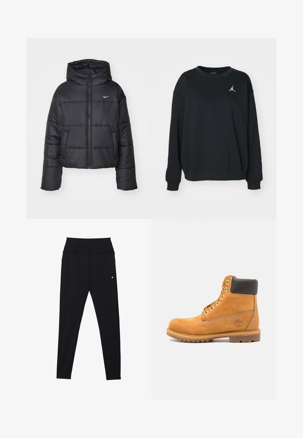 Zwarte pufferjack van nylon, met een rits aan de voorkant, een capuchon en twee vo pockets. Het ontwerp heeft gestikte secties en een klein logo.; Zwarte sweatshirt van katoen, met een ronde hals, lange mouwen, ribbelboorden en -zoom, met een wit Jumpman-logo op de borst.; Zwarte leggings met een hoge tailleband, gemaakt van rekbare stof. Voorzien van subtiele stiknaden en een klein logo vlakbij de tailleband.; Bruine leren enkelboot met zwarte voering, gouden oogjes en een gestructureerde zool. Kenmerkt zich door een cirkelvormig logo aan de zijkant en stikselaccenten.