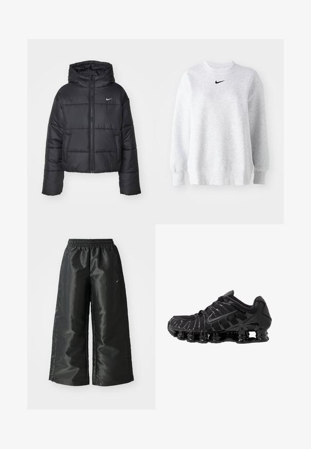Casaco puffer preto feito de nylon, com fecho éclair à frente, capuz e dois bolsos frontais. O design inclui secções cosidas e um pequeno logo.; Sweatshirt cinza feito de um tecido suave, com gola redonda, ombros caídos, punhos em canelado e um pequeno logo preto da Nike no peito.; Calças atléticas pretas com um tecido brilhante e suave, apresentando uma cintura elástica, pernas largas e um pequeno logotipo do lado esquerdo.; Sapato atlético preto com parte superior em malha e sobreposições brilhantes. Apresenta amortecimento em espiral curvado e linhas texturizadas na lateral. Logotipo da Nike visível.