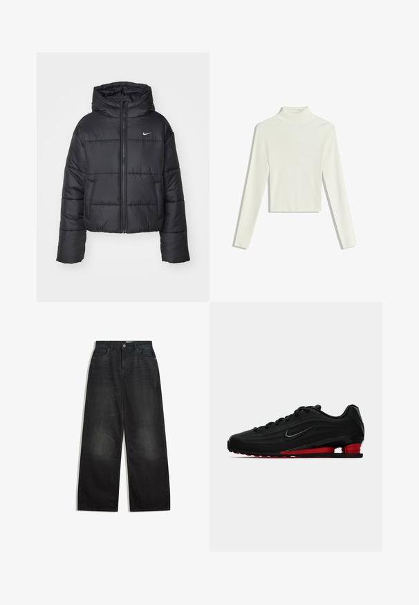 Giubbotto imbottito nero in nylon, con zip frontale, cappuccio e due tasche frontali. Il design presenta sezioni cucite e un piccolo logo.; Maglione bianco a collo alto con maniche lunghe e orlo corto. Il tessuto appare morbido con un motivo testurizzato.; Jeans in denim nero a gamba larga con vita alta, dotati di cinque tasche e chiusura con zip. Il tessuto ha una consistenza liscia con una leggera sbiaditura.; Scarpa da corsa nera Nike con suola ammortizzata rossa e logo swoosh nero, mostrata di profilo su uno sfondo bianco.