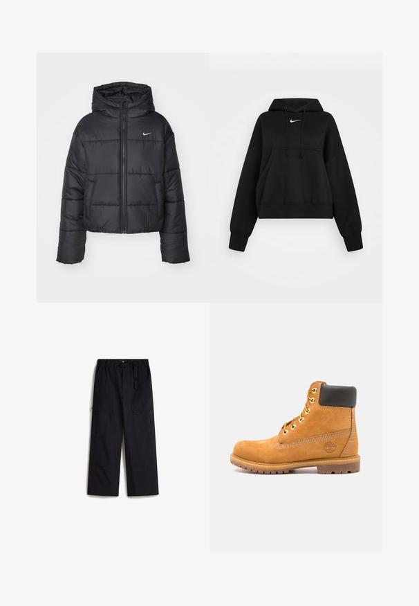 Czarna kurtka puchowa wykonana z nylonu, z zapięciem na zamek, kapturem i dwiema przednimi kieszeniami. Projekt zawiera przeszywane sekcje oraz małe logo.; Czarna skrócona bluza z kapturem wykonana z miękkiego materiału, z regulowanym kapturem, przednią kieszenią typu kangur i małym białym logo Nike na piersi.; Czarne spodnie cargo z elastycznym paskiem w talii, regulowanym paskiem i dwoma bocznymi kieszeniami. Wykonane z lekkiego, strukturalnego materiału.; Brązowy skórzany botek za kostkę z czarnym wykończeniem, złotymi oczkami i teksturowaną podeszwą. Posiada okrągłe logo z boku oraz akcenty w postaci przeszyć.