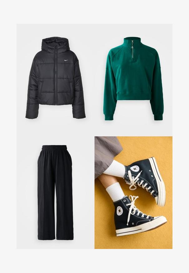 Veste matelassée noire en nylon, avec fermeture éclair sur le devant, capuche et deux poches avant. Le design comprend des sections cousues et un petit logo.; Sweatshirt court en vert foncé, avec un col à demi-zip, des manches à côtes et une texture douce. Logo brodé sur la poitrine.; Pantalons larges noirs avec une taille élastique, fabriqués à partir d'un tissu doux, présentant une texture lisse et des lignes de design épurées.; Des baskets montantes en toile noires avec des lacets blancs et des semelles en caoutchouc, présentant un logo rond Converse All Star sur le côté extérieur.