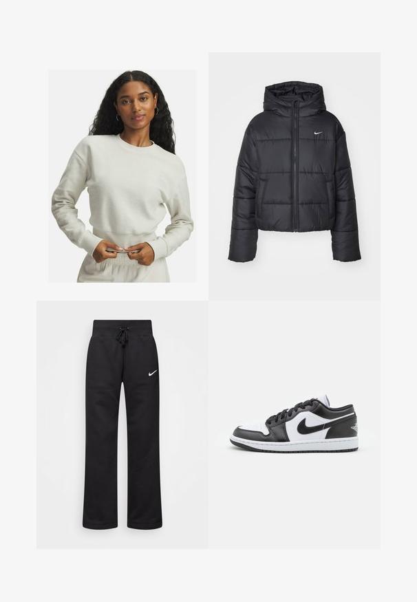 Schwarze Pufferjacke aus Nylon, mit durchgehendem Reißverschluss, Kapuze und zwei Fronttaschen. Das Design umfasst gestickte Abschnitte und ein kleines Logo.; Cremfarbener, strukturierter Sweatshirt mit gerippten Bündchen und Saum, das ein kleines gesticktes Detail auf der Brust trägt. Lässig, lockere Passform.; Schwarze Sweatpants aus einem Baumwollmix, mit einem Kordelzugbund, geraden Beinen und einem weißen Nike-Logo auf der linken Seite.; Schwarz-weiße Nike Low-Top-Sneaker verfügen über ein glattes Leder-Obermaterial, eine runde Zehenpartie, eine Schnürung und eine gemusterte Gummisohle.