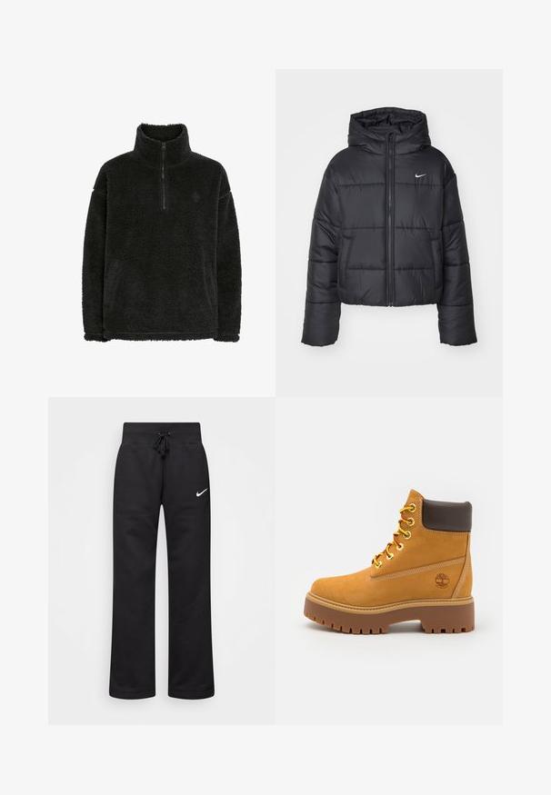 Black puffer jacket made of nylon, featuring a zip front, hood, and two front pockets. The design includes stitched sections and a small logo.; Black fleece pullover with a zippered collar, soft, textured surface, and a relaxed fit. Features stitching along the hem and cuffs.; Black sweatpants made of cotton blend, featuring a drawstring waistband, straight legs, and a white Nike logo on the left side.; Tan waterproof ankle boot with a sturdy rubber sole, round toe, brown leather collar, yellow laces, and a logo on the side.