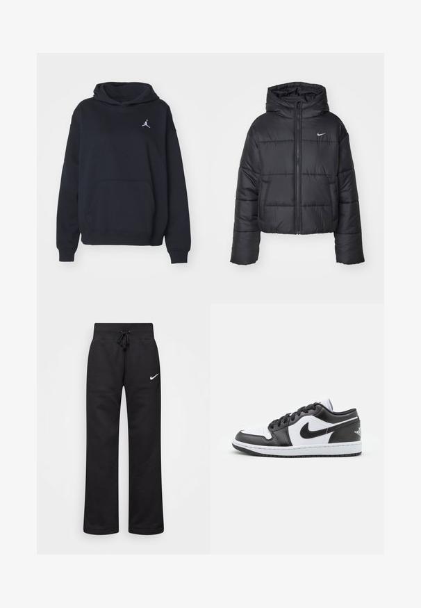 Črna pufasta jakna iz najlona, z zadrgo spredaj, kapuco in dvema sprednjima žepoma. Oblikovanje vključuje šivane dele in majhen logotip.; Črna kapuca s kapuco, izdelana iz mehkega blaga, z obsežno kenguru žepom spredaj in majhnim belim Jordan logotipom na prsih.; Črne trenirke iz mešanice bombaža, z elastičnim pasom na vrvico, ravnimi nogami in belim logotipom Nike na levi strani.; Črno-bele nizke Nike superge imajo gladek usnjen zgornji del, okroglo konico, vezalni sistem in vzorčasto gumijasto podplat.