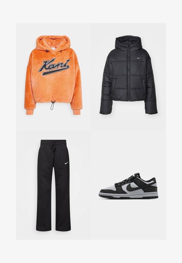 Črna pufasta jakna iz najlona, z zadrgo spredaj, kapuco in dvema sprednjima žepoma. Oblikovanje vključuje šivane dele in majhen logotip.; Karl Kani VARSITY HOODIE - Pulover iz flisa - orange; Črne trenirke iz mešanice bombaža, z elastičnim pasom na vrvico, ravnimi nogami in belim logotipom Nike na levi strani.; Črne in sivo Nike Dunk nizke superge z perforiranim prstom, gladkimi usnjenimi detajli in gumijastim podplatom z teksturiranim vzorcem.