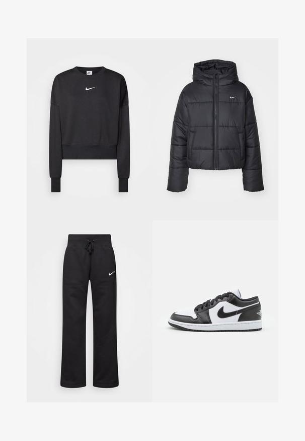 Veste matelassée noire en nylon, avec fermeture éclair sur le devant, capuche et deux poches avant. Le design comprend des sections cousues et un petit logo.; Sweatshirt noir court en mélange de coton, avec un col rond, des manches longues et un logo Nike blanc sur la poitrine.; Pantalons de survêtement noirs en mélange de coton, dotés d'une taille élastique avec cordon de serrage, de jambes droites et d'un logo Nike blanc sur le côté gauche.; Des baskets basses Nike en noir et blanc présentent un cuir lisse sur le dessus, un bout rond, un système de laçage et une semelle extérieure en caoutchouc à motifs.
