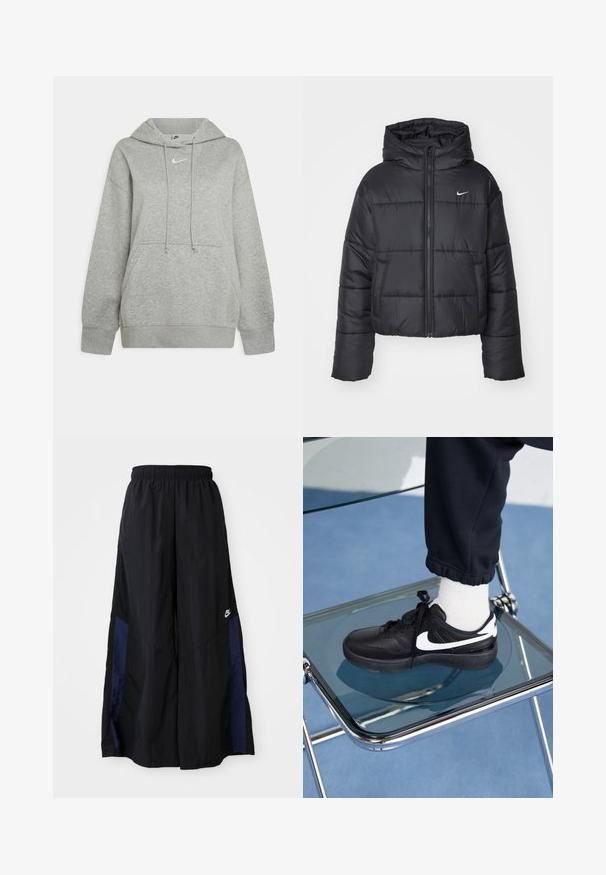 Jachetă puffer neagră din nailon, cu fermoar în față, glugă și două buzunare frontale. Designul include secțiuni cusute și un mic logo.; Hanorac gri cu glugă, fabricat dintr-un material moale, având o buzunar frontal tip pungă, șnururi ajustabile și un mic logo alb pe piept.; Pantaloni negri cu croi larg, confecționați dintr-un material ușor, având un panou lateral albastru marin și un brâu elastic. Logo mic alb în partea de jos.; Adidași negri Nike cu accente albe, cu o textură de piele netedă, design cu șireturi și vârf rotunjit, așezați pe un scaun din sticlă.