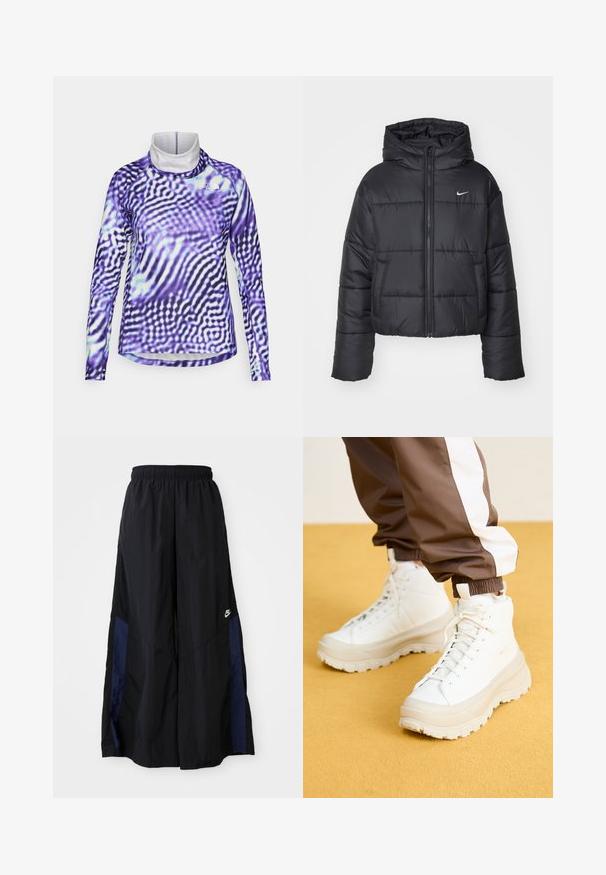 Jachetă puffer neagră din nailon, cu fermoar în față, glugă și două buzunare frontale. Designul include secțiuni cusute și un mic logo.; Tricou cu mânecă lungă, cu un model de valuri violet și alb. Materialul este elastic, cu un guler înalt și accente cusute pentru durabilitate.; Pantaloni negri cu croi larg, confecționați dintr-un material ușor, având un panou lateral albastru marin și un brâu elastic. Logo mic alb în partea de jos.; Tenisi albi înălțați cu o talpă groasă și texturată, având un superior neted, vârf rotund și șireturi tonale, plasati pe un fundal galben.