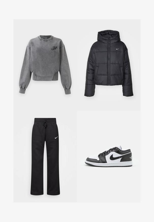 Giubbotto imbottito nero in nylon, con zip frontale, cappuccio e due tasche frontali. Il design presenta sezioni cucite e un piccolo logo.; Felpa grigia con maniche lunghe, colletto a coste e polsini elasticizzati. Presenta un piccolo logo nero sul petto e un design a vestibilità rilassata.; Pantaloni sportivi neri realizzati in misto cotone, con vita elasticizzata regolabile, gambe dritte e logo bianco Nike sul lato sinistro.; Le sneaker Nike a basso profilo in bianco e nero presentano una tomaia in pelle liscia, punta rotonda, chiusura con lacci e una suola in gomma con un motivo.