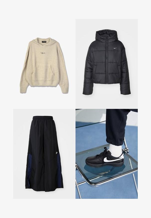 Schwarze Pufferjacke aus Nylon, mit durchgehendem Reißverschluss, Kapuze und zwei Fronttaschen. Das Design umfasst gestickte Abschnitte und ein kleines Logo.; Flauschiger beiger Hoodie mit einer Fronttasche, gerippten Bündchen und einer Kapuze mit Kordelzug. Mit dem schwarzen "Pegador"-Logo auf der Brust.; Schwarze weit geschnittene Hose aus leichtem Stoff, mit einem dunkelblauen Seitenpanel und einem elastischen Bund. Kleines weißes Logo am unteren Ende.; Schwarze Nike-Sneaker mit weißen Akzenten, die über eine glatte Ledertextur, ein Schnürdesign und eine abgerundete Zehenform verfügen, platziert auf einem Glasstuhl.