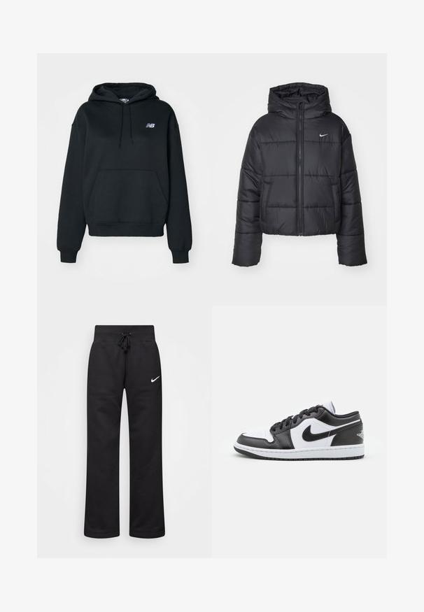 Svart boblejakke laget av nylon, med glidelås i front, hette og to frontlommer. Designet inkluderer sydd seksjoner og en liten logo.; Svart hettegenser laget av en blanding av bomull, med kengurulomme, snorhette og brodert logo på venstre bryst.; Sorte joggebukser laget av en bomullsblanding, med strikk i midjen, rette ben, og en hvit Nike-logo på venstre side.; Sorte og hvite Nike lave sneakers har en glatt læroverdel, rund tå, snøring og en mønstret gummisåle.