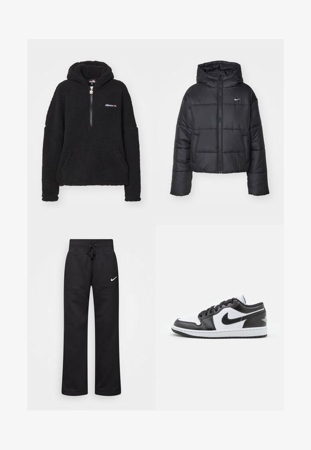 Giubbotto imbottito nero in nylon, con zip frontale, cappuccio e due tasche frontali. Il design presenta sezioni cucite e un piccolo logo.; Felpa nera in pile con zip a quarto, tasca a marsupio e logo a contrasto. Texture morbida e design over size per calore e comfort.; Pantaloni sportivi neri realizzati in misto cotone, con vita elasticizzata regolabile, gambe dritte e logo bianco Nike sul lato sinistro.; Le sneaker Nike a basso profilo in bianco e nero presentano una tomaia in pelle liscia, punta rotonda, chiusura con lacci e una suola in gomma con un motivo.