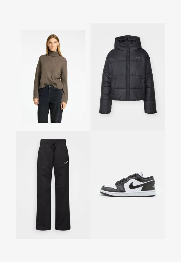 Schwarze Pufferjacke aus Nylon, mit durchgehendem Reißverschluss, Kapuze und zwei Fronttaschen. Das Design umfasst gestickte Abschnitte und ein kleines Logo.; Brauner Rollkragenpullover mit geripptem Saum und weiten Ärmeln, kombiniert mit dunkelblauen High-Waist-Jeans. Weiches, strukturiertes Strickmaterial.; Schwarze Sweatpants aus einem Baumwollmix, mit einem Kordelzugbund, geraden Beinen und einem weißen Nike-Logo auf der linken Seite.; Schwarz-weiße Nike Low-Top-Sneaker verfügen über ein glattes Leder-Obermaterial, eine runde Zehenpartie, eine Schnürung und eine gemusterte Gummisohle.