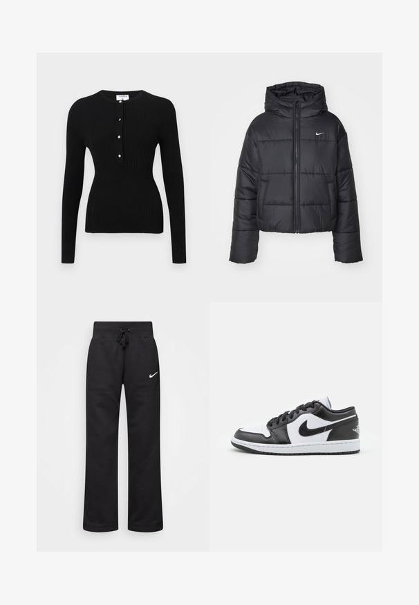 Crna puf jakna izrađena od najlona, s patentnim zatvaračem sprijeda, kapuljačom i dva prednja džepa. Dizajn uključuje šivene dijelove i mali logo.; Crna dugorukava rebrasta majica s okruglim izrezom i gumbima u srebrnoj boji. Glatka tekstura, uski kroj.; Crne trenirke od mješavine pamuka, s elastičnim pojasom s vezicom, ravnim nogavicama i bijelim Nike logotipom na lijevoj strani.; Crno-bijele Nike niske tenisice imaju glatku kožnu gornjište, okrugli vrh, vezanje na vezice i uzorčeni gumeni potplat.