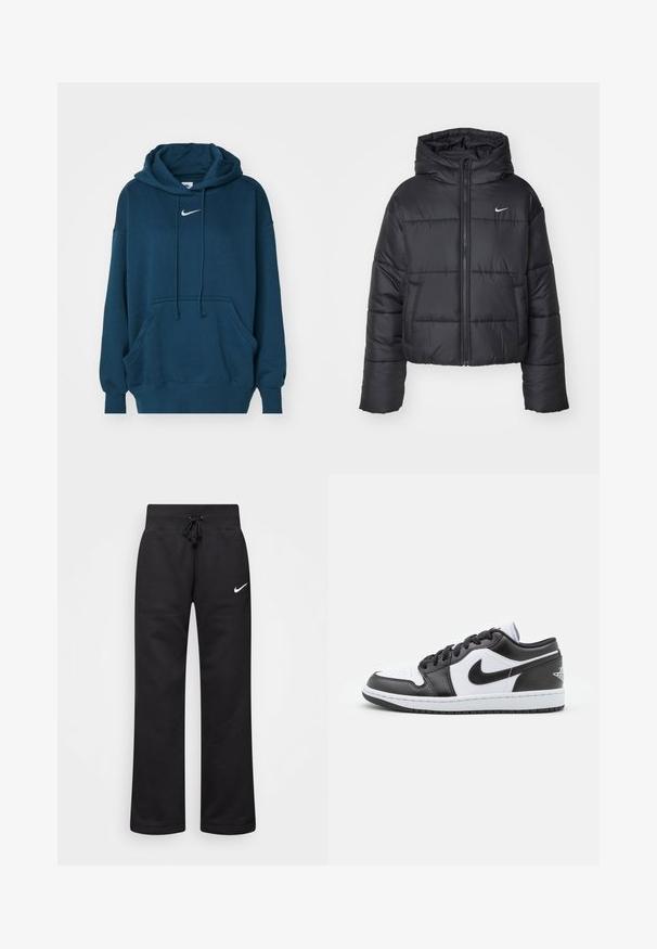 Casaco puffer preto feito de nylon, com fecho éclair à frente, capuz e dois bolsos frontais. O design inclui secções cosidas e um pequeno logo.; Nike Sportswear HOODIE - Camisola - armory navy/sail; Calças de moletão pretas feitas de uma mistura de algodão, com um cós elástico ajustável, pernas retas e um logo da Nike branco no lado esquerdo.; As sapatilhas Nike de cano baixo, em preto e branco, apresentam um cabedal em couro liso, bico redondo, fecho com atacadores e uma sola de borracha com padrão.