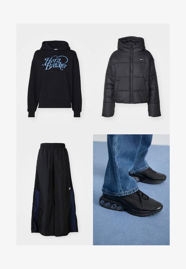 Čierna prešívaná bunda vyrobená z nylonu, s predným zipsom, kapucňou a dvoma prednými vreckami. Dizajn obsahuje prešité časti a malé logo.; Čierna mikina s kapucňou vo voľnom strihu, na prednej strane s grafikou "Heart Breaker" v svetlomodrej farbe. Vyrobená z mäkkej, textúrovanej látky.; Čierne voľné nohavice vyrobené z ľahkého materiálu, s námorníckym modrým postranným panelom a elastickým pásom. Malé biele logo na spodnej časti.; Čierne atletické tenisky s vrchným materiálom z elastického sieťového textilu, s textúrovanými akcentmi a viditeľnými vzduchovými podložkami v podrážke. Nosené s modrými džínsami.