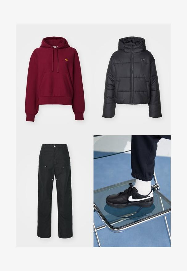 Musta puhallettava takki, joka on valmistettu nylonsesta, varustettu vetoketjukiinnityksellä, hupulla ja kahdella etutaskulla. Suunnittelussa on brodeerattuja osia ja pieni logo.; Burgundin värinen hupullinen collegepaita, joka on valmistettu puuvillasekoitteesta.ssä on edessä kengurupocketti, ribbaavat hihansuut ja brodeerattu logo rinnassa.; Mustat housut suoralla lahjesuunnittelulla, valmistettu tekstuuritetusta kankaasta. Sisältää koristeellista hopeista metalliosaa ja ainutlaatuista sauman yksityiskohtaa.; Mustat Nike-tennarit valkoisilla yksityiskohdilla, joissa on sileä nahkapinta, nauhakiinnitys ja pyöreä varvas, aseteltuna lasituolille.