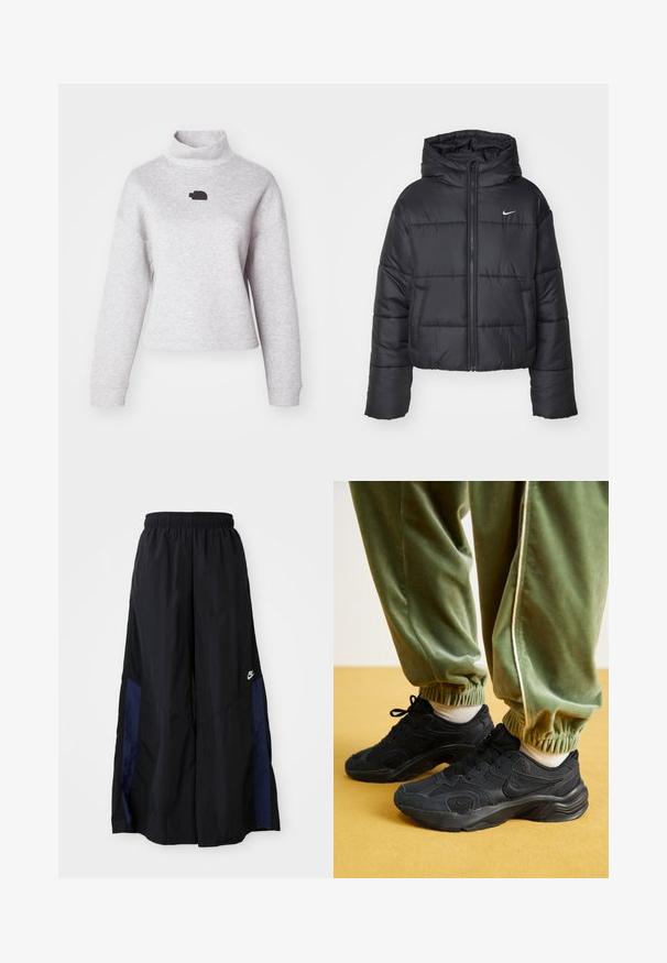 Casaco puffer preto feito de nylon, com fecho éclair à frente, capuz e dois bolsos frontais. O design inclui secções cosidas e um pequeno logo.; Sweatshirt cinza de algodão com gola alta, mangas longas e um corte cropped. Apresenta um pequeno logo preto no peito. Textura suave e design casual.; Calças largas pretas feitas de tecido leve, com um painel lateral azul-marinho e cintura elástica. Pequeno logótipo branco na parte inferior.; Tênis esportivos pretos com sobreposições em malha e sintético, sola texturizada, emparelhados com calças de moletom verdes com punhos elásticos, sobre uma superfície amarela.