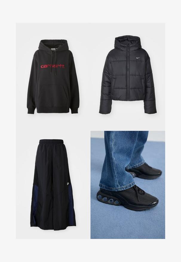 Svart boblejakke laget av nylon, med glidelås i front, hette og to frontlommer. Designet inkluderer sydd seksjoner og en liten logo.; Svart hettegenser laget av bomullsblanding, med en frontlomme, ribbede mansjetter og en rød brodert "carhartt" logo på brystet.; Svarte vide bukser laget av lett stoff, med et marineblått sidestykke og elastisk midjebånd. Liten hvit logo nederst.; Svart treningssko med mesh-overdel, teksturerte detaljer og synlige luftputepoder i sålen. Bærer med blå denimjeans.