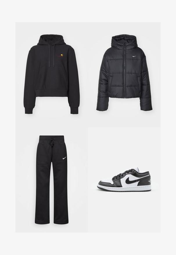 Jachetă puffer neagră din nailon, cu fermoar în față, glugă și două buzunare frontale. Designul include secțiuni cusute și un mic logo.; Hanorac scurt, de culoare neagră, fabricat dintr-un material moale, având o buzunară tip kangaroo, glugă cu șnur și un logo brodat în galben și roșu.; Pantaloni de sudură negri dintr-un amestec de bumbac, cu un talie elastică cu șnur, picioare drepte și un logo alb Nike pe partea stângă.; Sneakers Nike cu talpă joasă, alb-negru, prezintă un superior din piele netedă, vârf rotund, închidere cu șireturi și o talpă din cauciuc cu model.
