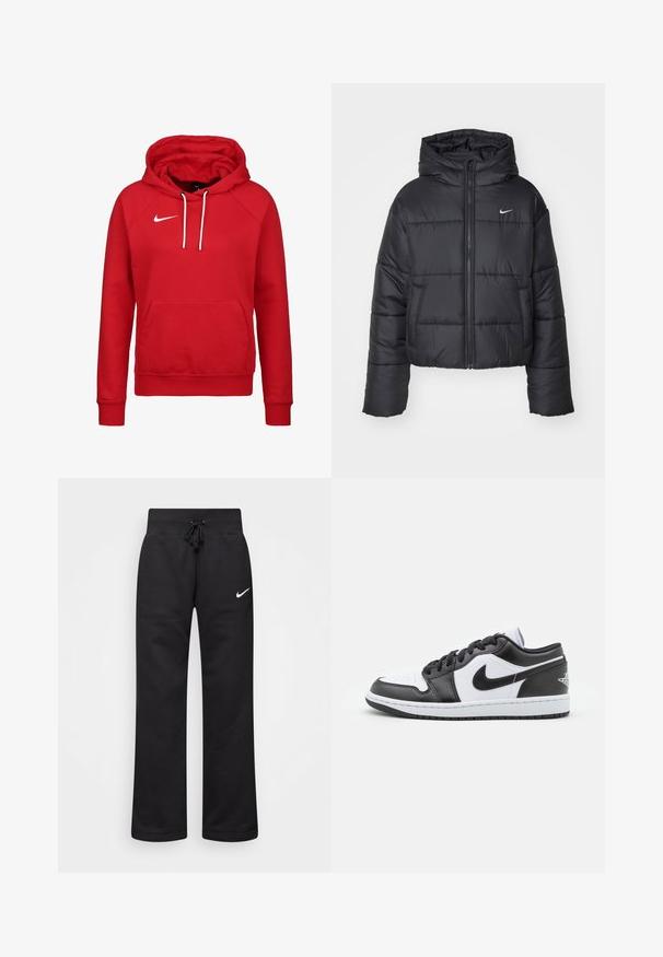 Giubbotto imbottito nero in nylon, con zip frontale, cappuccio e due tasche frontali. Il design presenta sezioni cucite e un piccolo logo.; Felpa rossa Nike con tasca a marsupio frontale, coulisse bianca e un piccolo logo bianco sul lato sinistro del petto. Materiale in cotone morbido e polsini a costine.; Pantaloni sportivi neri realizzati in misto cotone, con vita elasticizzata regolabile, gambe dritte e logo bianco Nike sul lato sinistro.; Le sneaker Nike a basso profilo in bianco e nero presentano una tomaia in pelle liscia, punta rotonda, chiusura con lacci e una suola in gomma con un motivo.