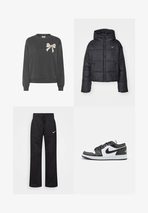 Čierna prešívaná bunda vyrobená z nylonu, s predným zipsom, kapucňou a dvoma prednými vreckami. Dizajn obsahuje prešité časti a malé logo.; Tmavošedá mikina vyrobená z bavlnenej zmesi s okrúhlym výstrihom a vyšívanou svetlosivou mašľou na ľavej hrudi. Obsahuje rebrované manžety a lem.; Čierne tepláky vyrobené z bavlnenej zmesi, s elastickým pásom na šnúrku, rovnými nohavicami a bielym logom Nike na ľavej strane.; Čierno-biele nízke tenisky Nike majú hladký kožený zvršok, okrúlu špičku, šnurovacie zapínanie a vzorovanú gumovú podrážku.