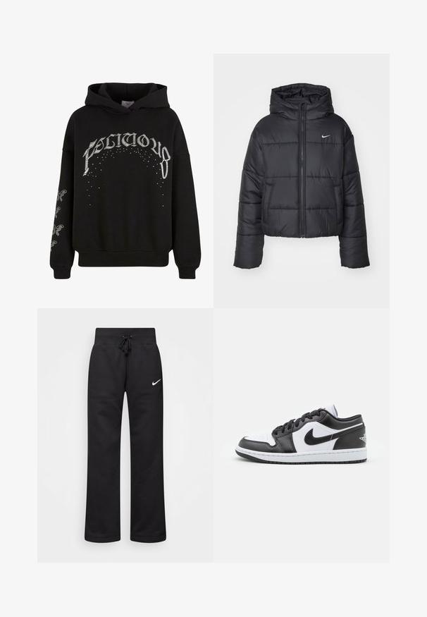 Must värvi puffer-jakk, mis on valmistatud nailonist, omab lukuga esiosa, kapuutsi ja kahte esimest taskut. Disain sisaldab õmmeldud sektsioone ja väikest logo.; Must have pehmeast kangast must kapuutsiga särk, millel on valged trükitud tekstid ja mustrid ning aksentdetailid varrukatel.; Mustad puuvillasegistusega mustad dressipüksid, millel on paelaga vöökoht, sirged jalad ja vasakul küljel valge Nike logo.; Mustvalged mustade ja valgete Nike madala profiiliga teniseketsid, millel on sile nahast ülemine osa, ümar varvas, paeltega kinnitamine ja mustriline kummist välistald.