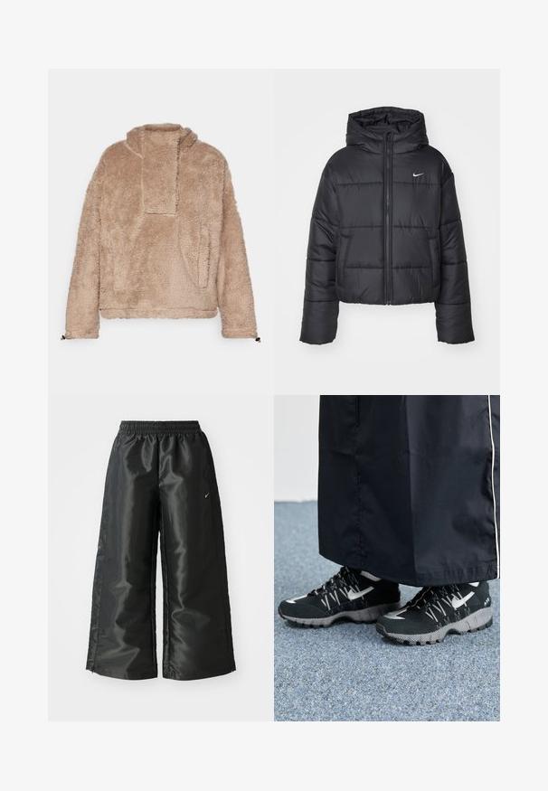 Juodas pūkinis švarkas, pagamintas iš nailono, su užtrauktuku šone, gobtuvu ir dviem priekiniais kišenėmis. Dizainas apima siūtas dalis ir mažą logotipą.; Purus smėlinis megztinis su aukštu apykakle, turintis nuleistų pečių dizainą ir šonines kišenes. Tekstūruota medžiaga su minkštu, puriu išvaizda.; Juodi sportiniai džinsai su blizgia, lygaus audinio medžiaga, turintys elastingą juosmenį, plačias kojų dalis ir mažą logotipą kairėje pusėje.; Juodi sportiniai bateliai su tekstūruota viršutine dalimi, sidabriniais akcentais ir raštuotu padu, derinami su juoda ilga apranga. Fonas - mėlynas kilimas.