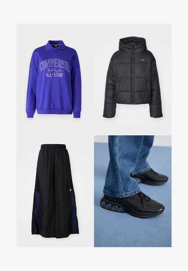 Fekete pehelydzseki, amely nejlonból készült, elöl cipzárral, kapucnival és két elülső zsebbel rendelkezik. A dizájnja varrott részeket és egy kis logót tartalmaz.; Lila pulóver gallérral, hosszú ujjakkal és bordás mandzsettákkal. Elöl dombornyomott "CONVERSE Chuck Taylor ALL STAR" felirat található.; Fekete, bő szárú nadrág könnyű anyagból, tengerészkék oldalsó panellel és elasztikus derékkal. Kicsi fehér logó az alján.; Fekete sportcipők hálós felsőrésszel, textúrázott részletekkel és a talpban látható lég párnázó zsebekkel. Kék farmernadrággal viselve.