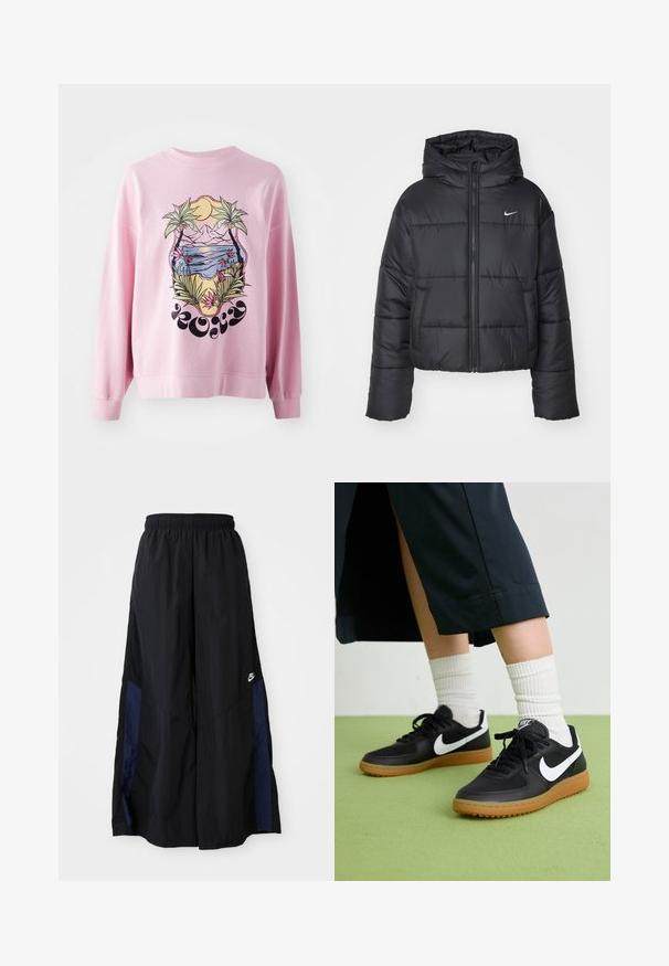 Chaqueta de plumas negra hecha de nailon, con cierre de cremallera frontal, capucha y dos bolsillos delanteros. El diseño incluye secciones cosidas y un pequeño logotipo.; Sudadera rosa con un gráfico vibrante de palmeras y una escena de playa con montañas, sol y detalles florales. Manga larga y puños acanalados.; Pantalones de pierna ancha negros, confeccionados en una tela ligera, con un panel lateral azul marino y una cinturilla elástica. Logotipo blanco pequeño en la parte inferior.; Zapatillas de cuero negro y sintético con el swoosh blanco de Nike, suela de goma, punta redonda y cordones negros. Calcetines blancos acanalados visibles.