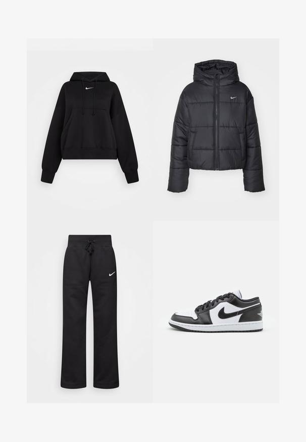 Casaco puffer preto feito de nylon, com fecho éclair à frente, capuz e dois bolsos frontais. O design inclui secções cosidas e um pequeno logo.; Sweatshirt cropped preto feito de tecido macio, com capuz ajustável por cordão, bolso canguru na frente e um pequeno logótipo branco da Nike no peito.; Calças de moletão pretas feitas de uma mistura de algodão, com um cós elástico ajustável, pernas retas e um logo da Nike branco no lado esquerdo.; As sapatilhas Nike de cano baixo, em preto e branco, apresentam um cabedal em couro liso, bico redondo, fecho com atacadores e uma sola de borracha com padrão.