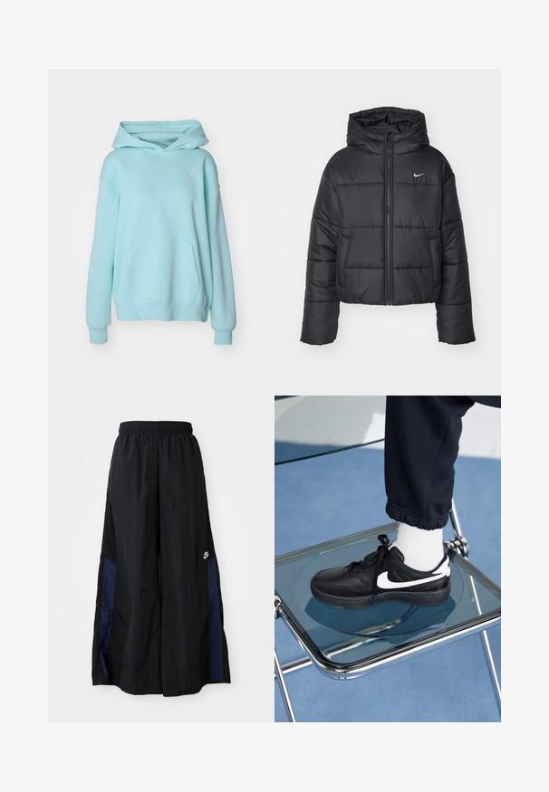 Giubbotto imbottito nero in nylon, con zip frontale, cappuccio e due tasche frontali. Il design presenta sezioni cucite e un piccolo logo.; Jordan Felpa - light dew/(white); Pantaloni neri a gamba larga realizzati in tessuto leggero, con un pannello laterale blu navy e una cintura elastica. Piccolo logo bianco sul fondo.; Sneakers Nike neri con accenti bianchi, caratterizzati da una superficie in pelle liscia, design con lacci e punta rotonda, posizionati su una sedia di vetro.