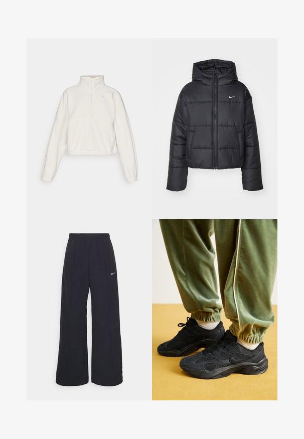 Črna pufasta jakna iz najlona, z zadrgo spredaj, kapuco in dvema sprednjima žepoma. Oblikovanje vključuje šivane dele in majhen logotip.; Flis pulover, svetlo kremne barve, z zadrgo na ovratniku, ohlapen kroj, elastični manšeti in rob, z manjšim logotipom v zgornjem levem kotu.; Črne široke hlače s elastiko v pasu in malim belim logotipom Nike. Tkanina ima gladko teksturo, zasnovano za udobje in sproščeno nošenje.; Črne športne teniske z mrežasto in sintetično prevleko, z teksturiranim podplatom, v kombinaciji z zelenimi trenirkami z elastičnimi manšetami, na rumeni površini.