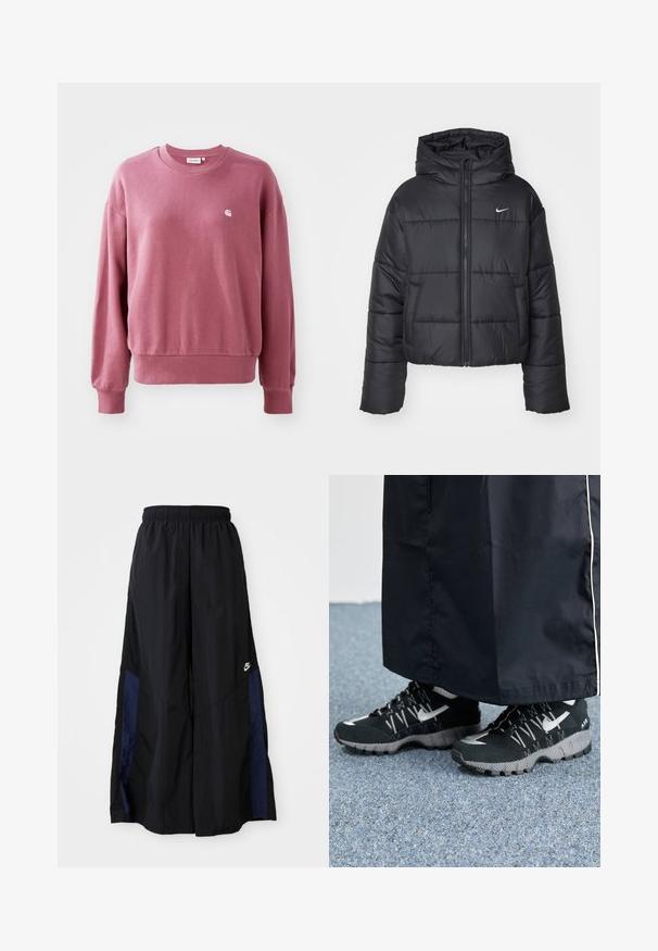 Giubbotto imbottito nero in nylon, con zip frontale, cappuccio e due tasche frontali. Il design presenta sezioni cucite e un piccolo logo.; Felpa rosa realizzata in tessuto morbido, con scollatura rotonda, maniche lunghe e polsini a costine. Un piccolo logo è posizionato sul petto.; Pantaloni neri a gamba larga realizzati in tessuto leggero, con un pannello laterale blu navy e una cintura elastica. Piccolo logo bianco sul fondo.; Scarpe sportive nere con tomaia testurizzata, dettagli argentati e suola con motivo, abbinate a un lungo indumento nero. Ambientate su un tappeto blu.
