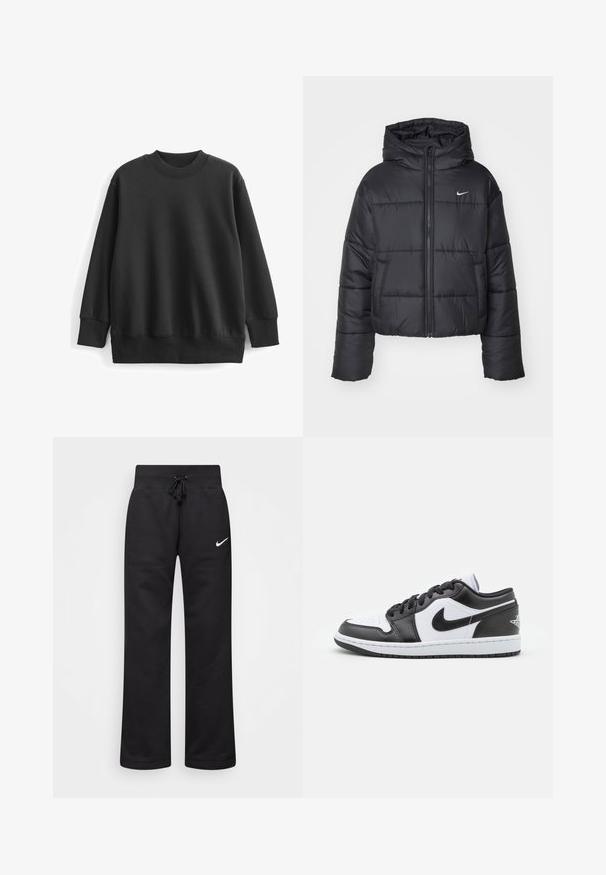 Čierna prešívaná bunda vyrobená z nylonu, s predným zipsom, kapucňou a dvoma prednými vreckami. Dizajn obsahuje prešité časti a malé logo.; Čierna mikina vyrobená z bavlneného zmesi. Má okrúhly ribovaný výstrih, dlhé rukávy a voľný strih s ribovanými manžetami a lemom.; Čierne tepláky vyrobené z bavlnenej zmesi, s elastickým pásom na šnúrku, rovnými nohavicami a bielym logom Nike na ľavej strane.; Čierno-biele nízke tenisky Nike majú hladký kožený zvršok, okrúlu špičku, šnurovacie zapínanie a vzorovanú gumovú podrážku.